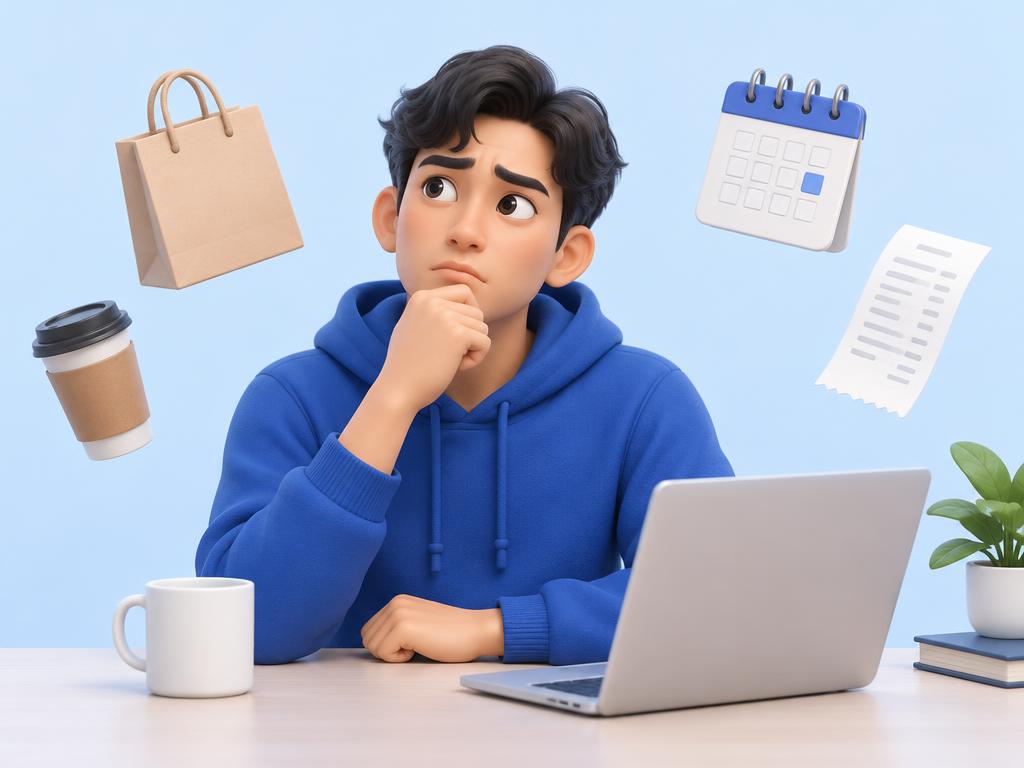Seseorang memikirkan pengeluaran sehari-hari di depan laptop